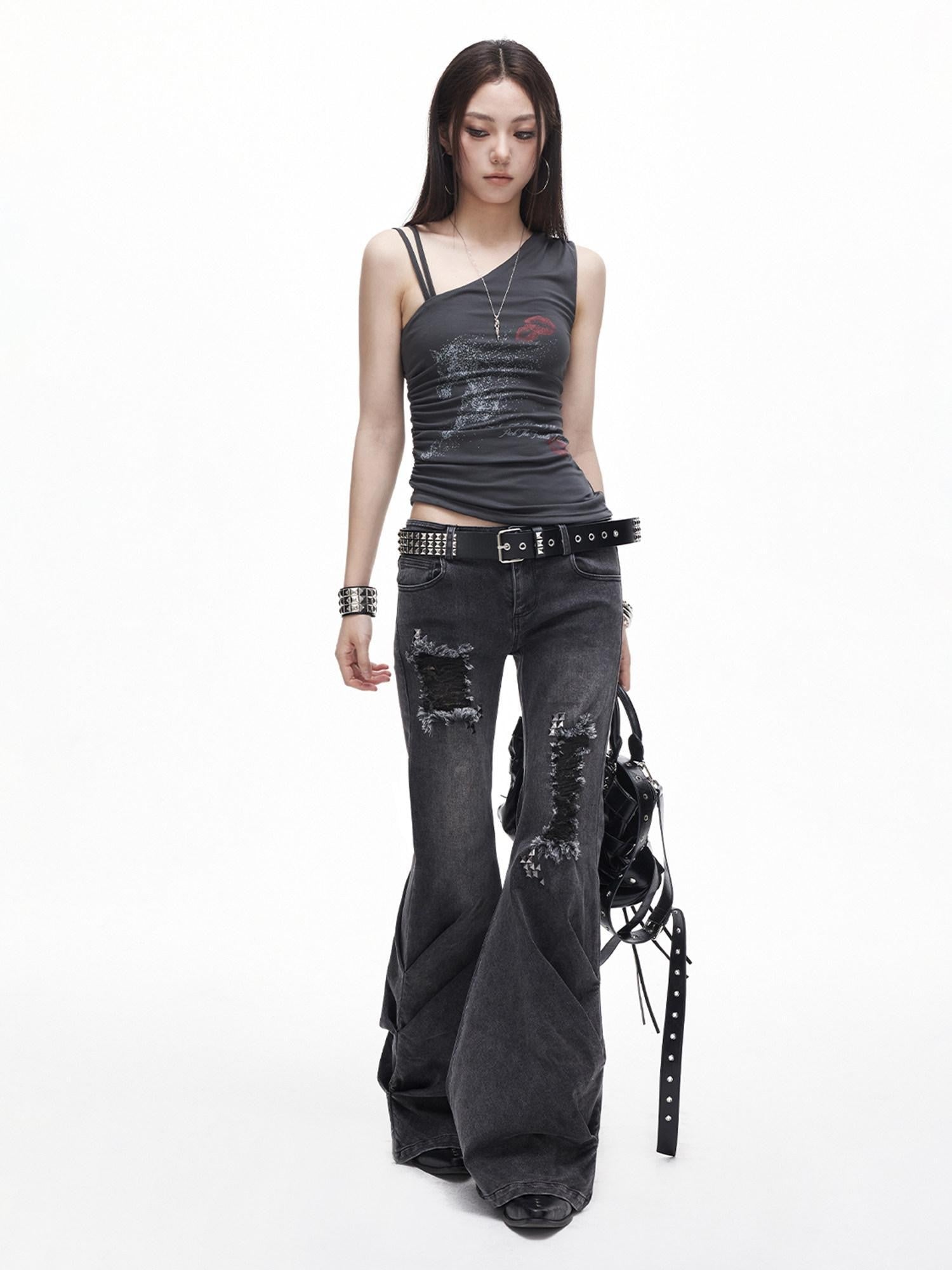 3MODE One Shoulder Printed Distressed Slim Cropped Women&