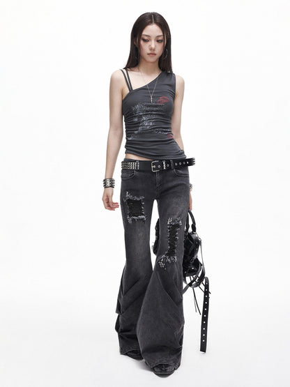 3MODE One Shoulder Printed Distressed Slim Cropped Women&
