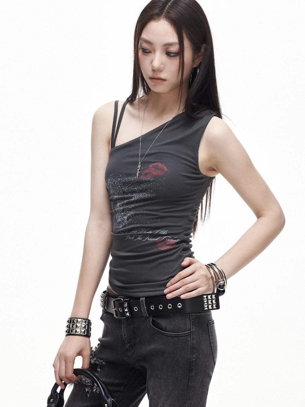 3MODE One Shoulder Printed Distressed Slim Cropped Women&
