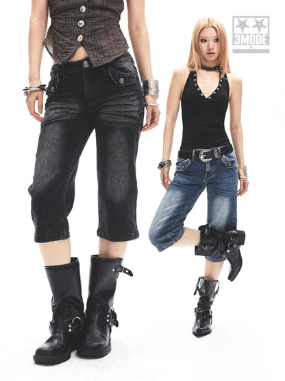 3MODE Punk Faded Double Pocket Low Waist Wide Leg Women&