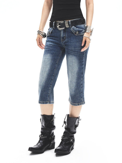 3MODE Punk Faded Double Pocket Low Waist Wide Leg Women&