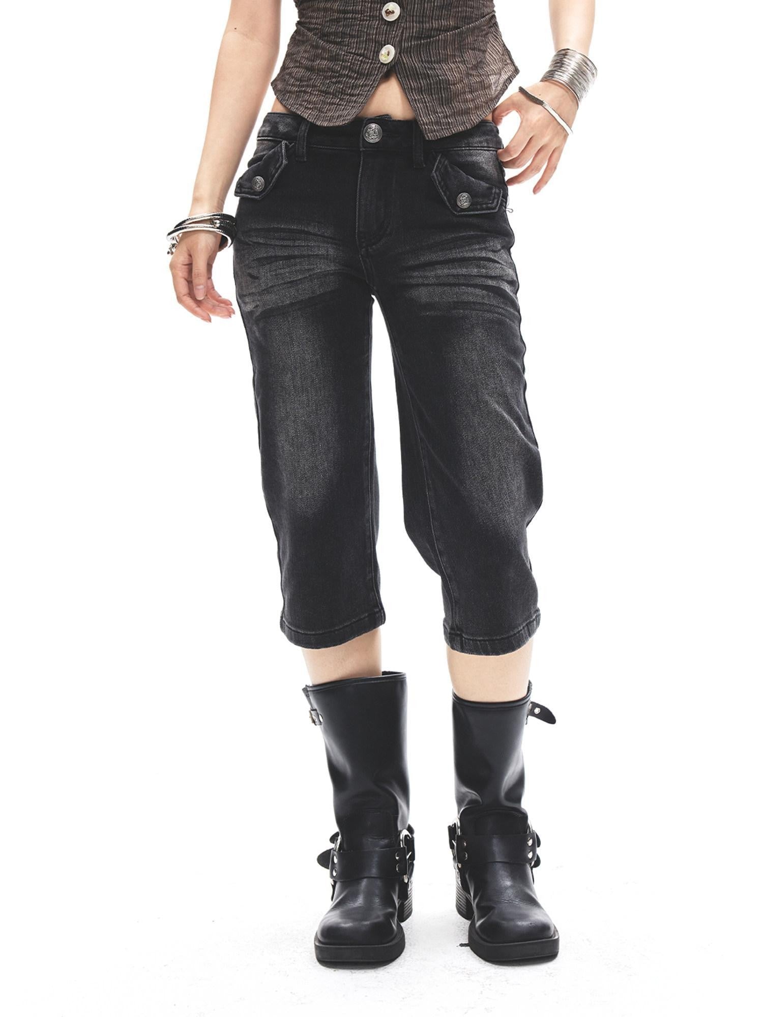 3MODE Punk Faded Double Pocket Low Waist Wide Leg Women&