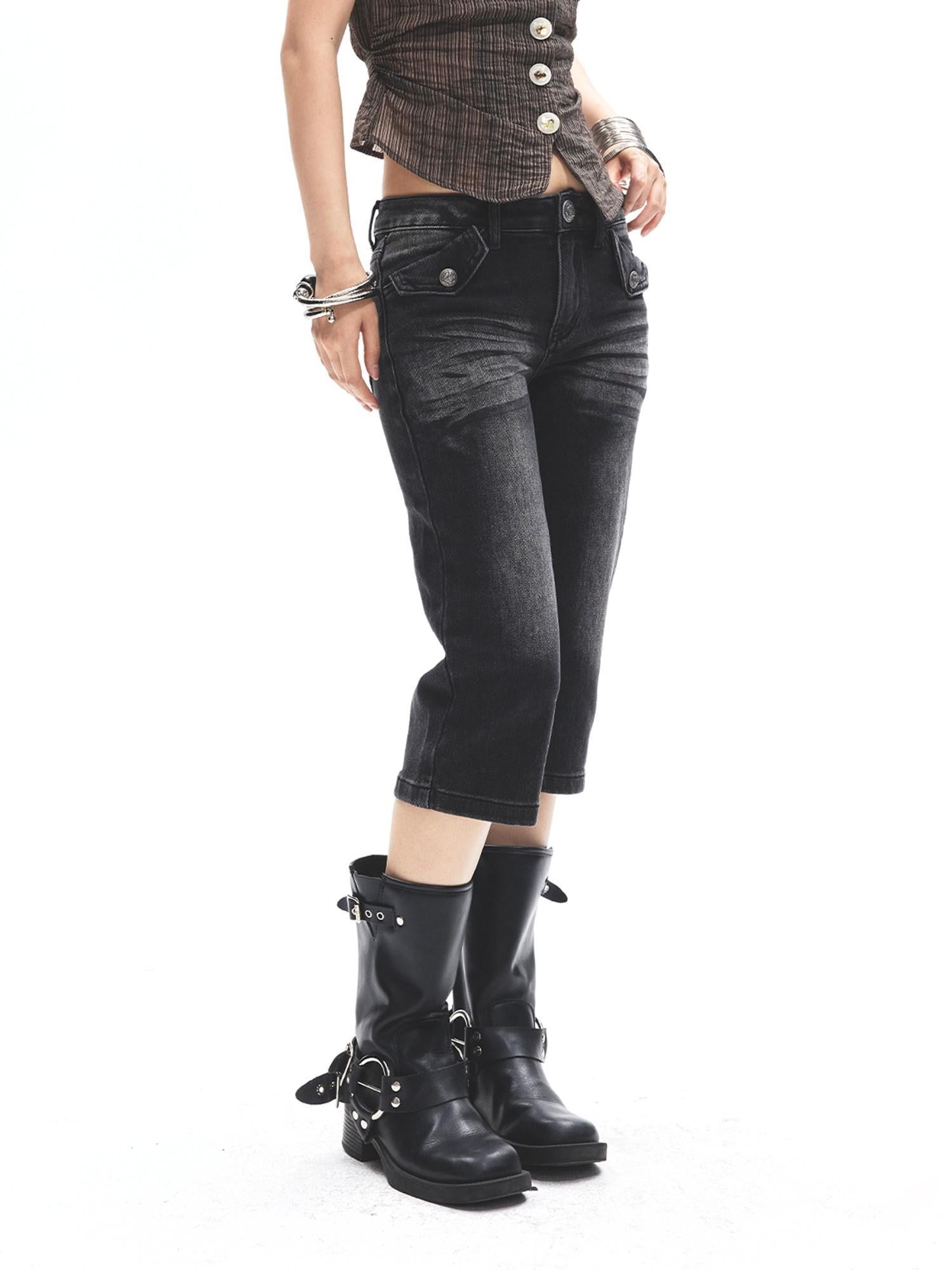 3MODE Punk Faded Double Pocket Low Waist Wide Leg Women&
