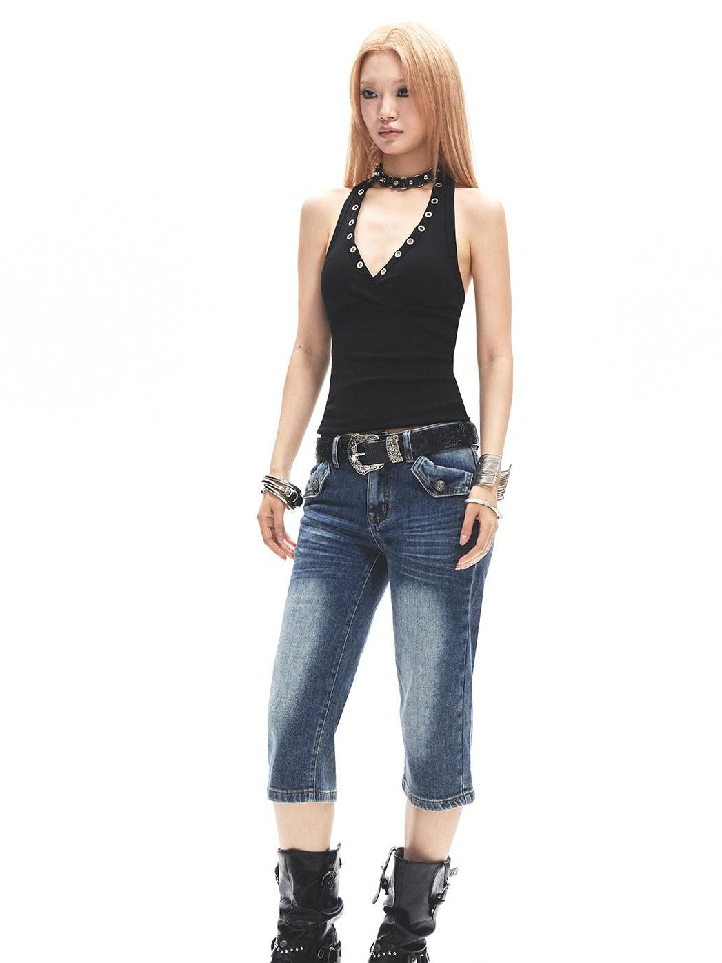 3MODE Punk Faded Double Pocket Low Waist Wide Leg Women&