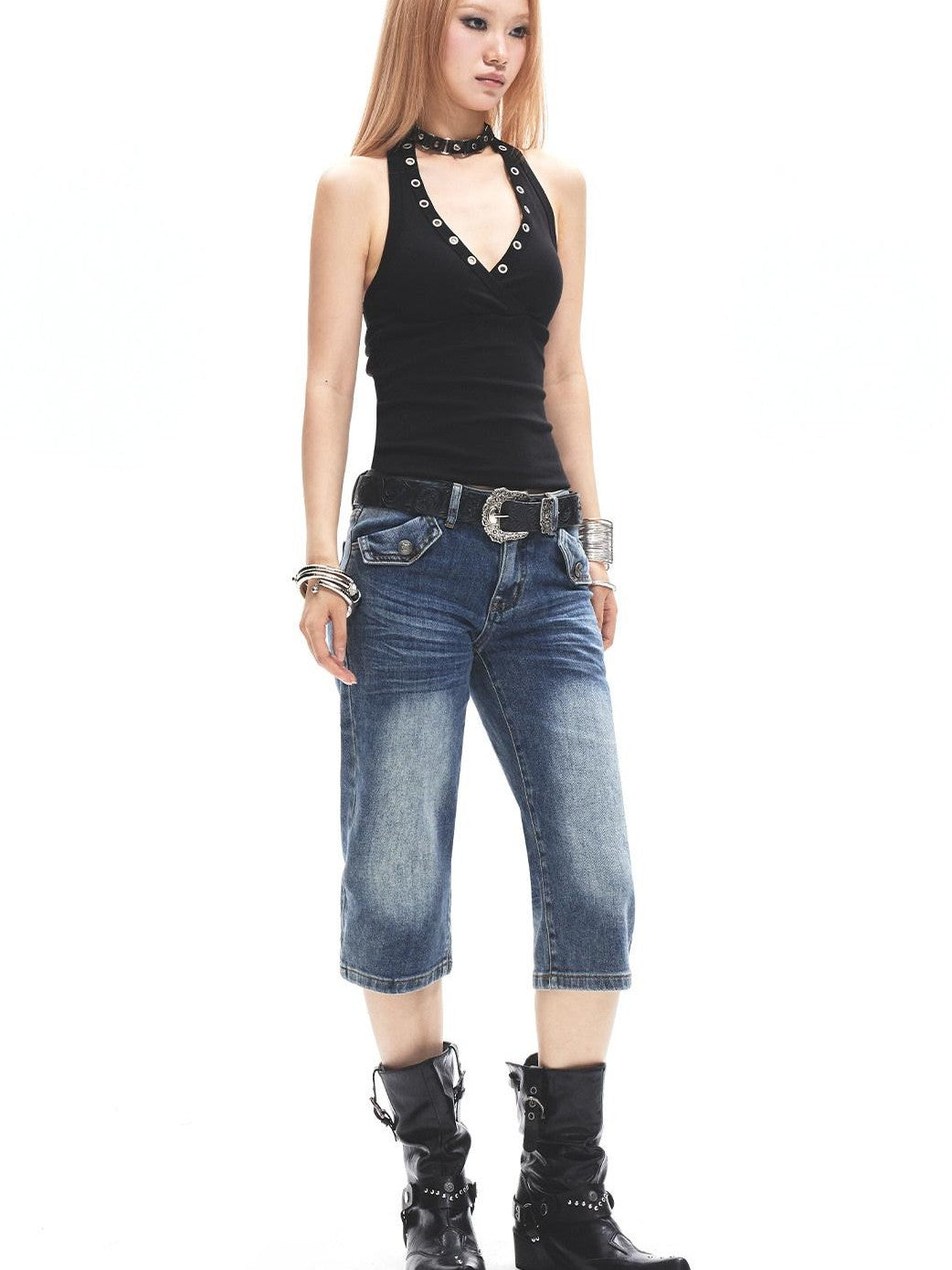 3MODE Punk Faded Double Pocket Low Waist Wide Leg Women&