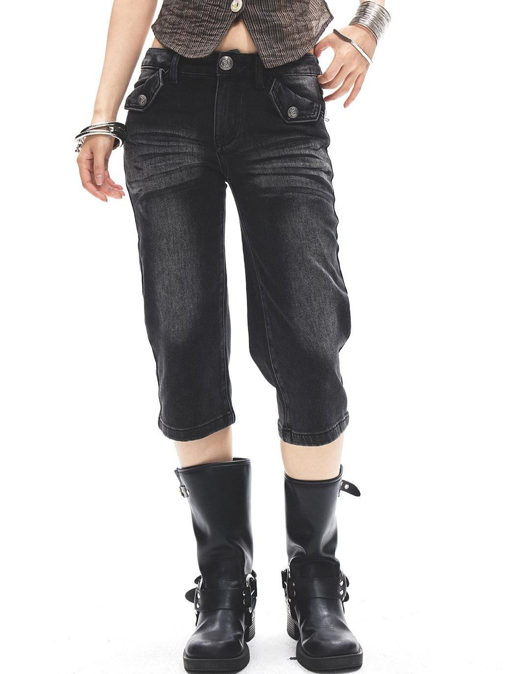 3MODE Punk Faded Double Pocket Low Waist Wide Leg Women&