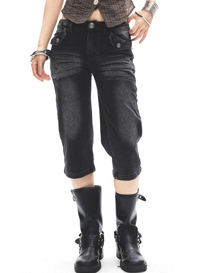 3MODE Punk Faded Double Pocket Low Waist Wide Leg Women&