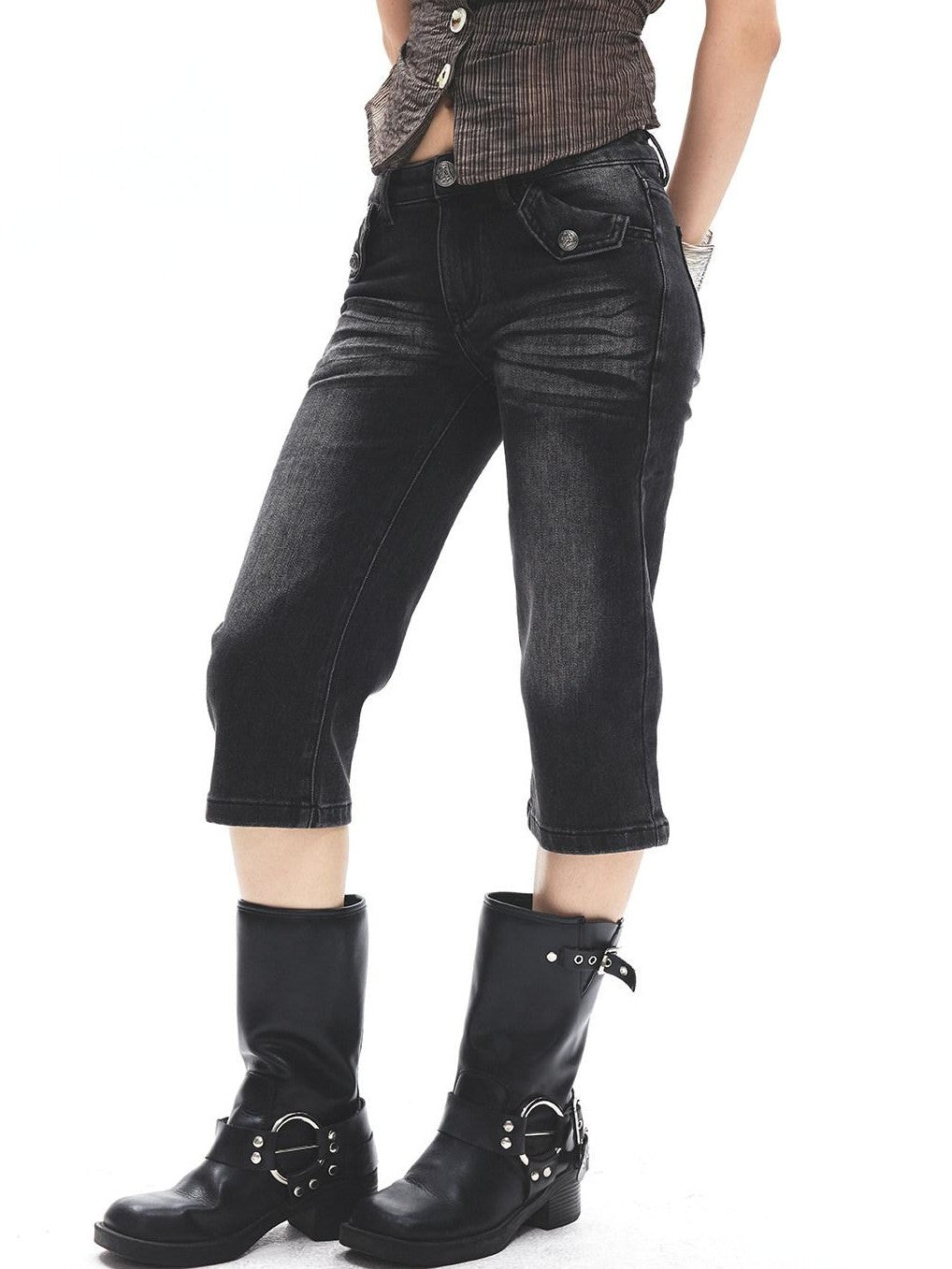 3MODE Punk Faded Double Pocket Low Waist Wide Leg Women&