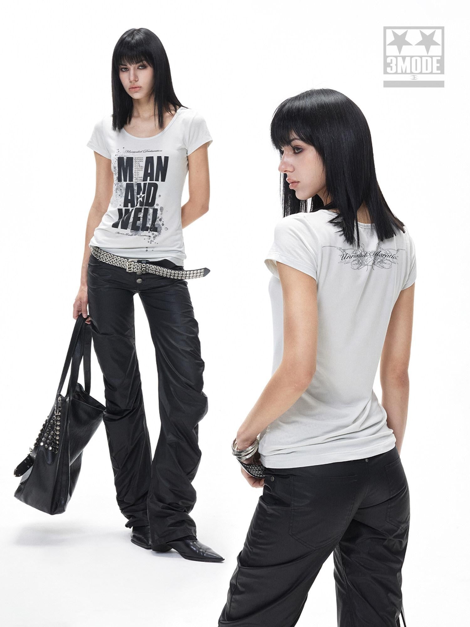 3MODE Punk Letter Print Crew Neck Slim Women&
