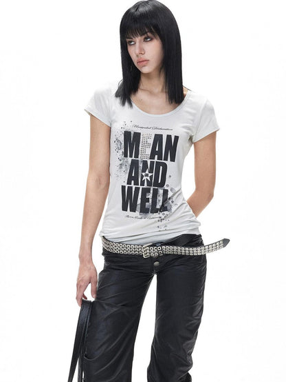 3MODE Punk Letter Print Crew Neck Slim Women&
