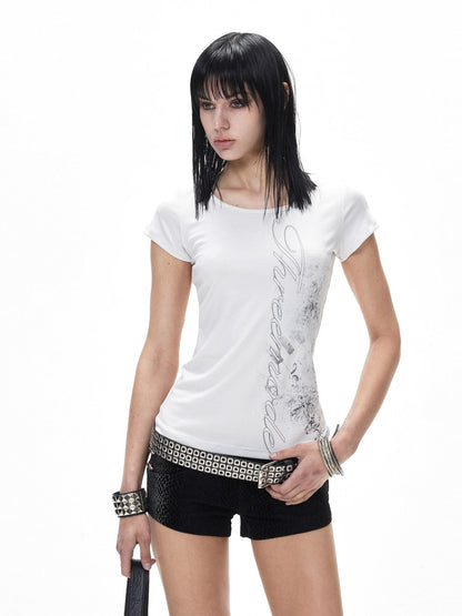 3MODE Punk Wing Star Print Slim Fit Round Neck Women&