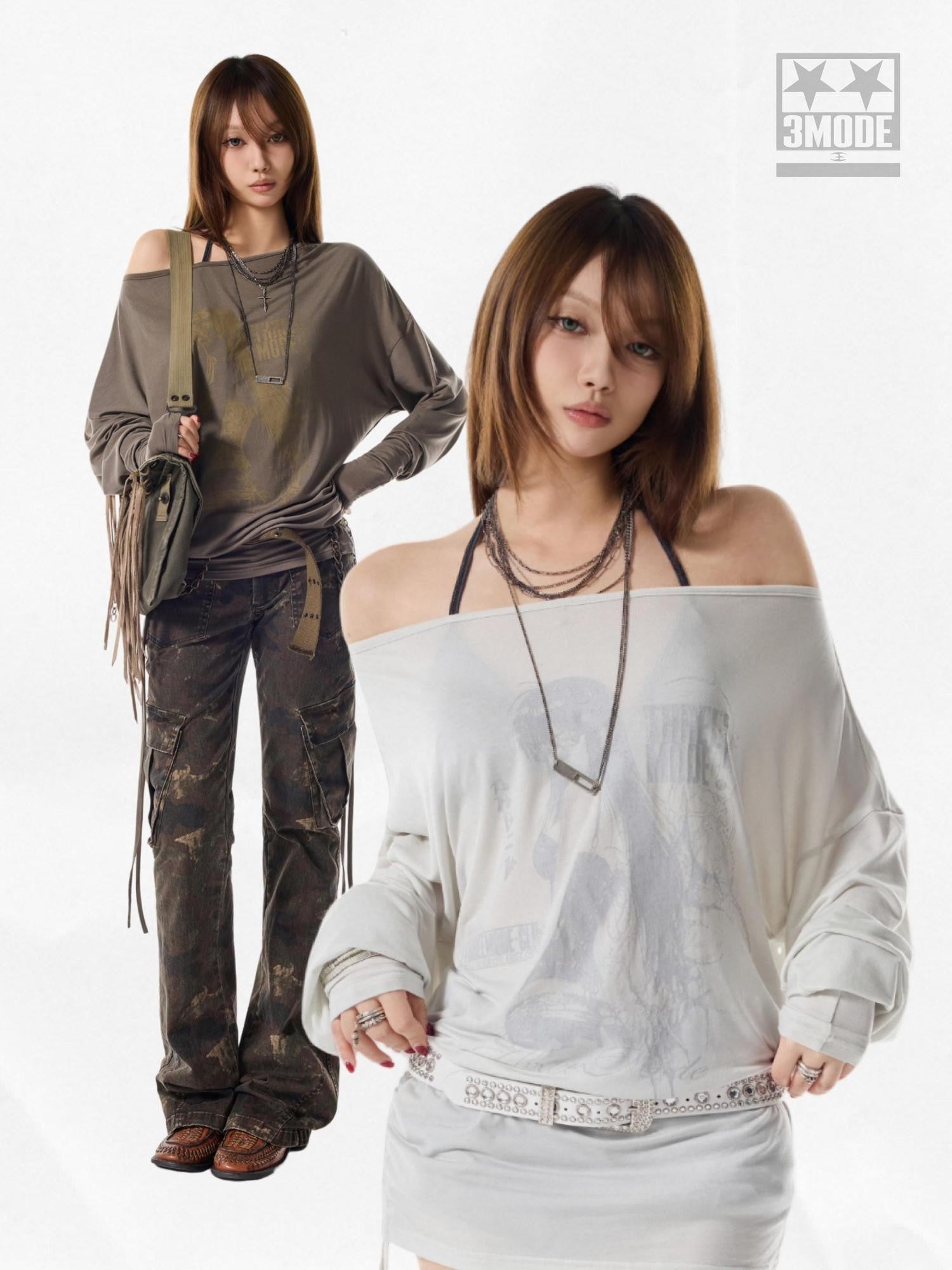 3MODE Retro Off Shoulder Asymmetric Print Knit Women&
