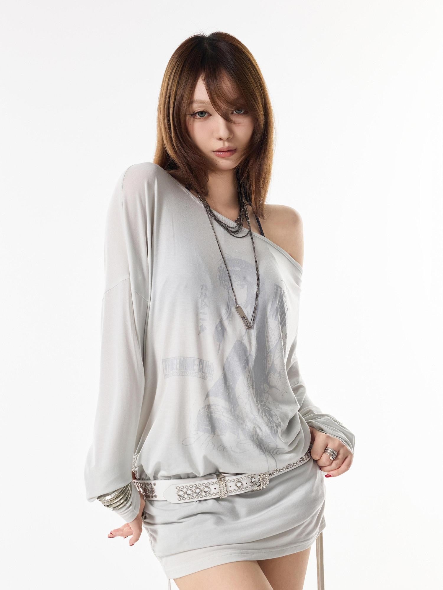 3MODE Retro Off Shoulder Asymmetric Print Knit Women&