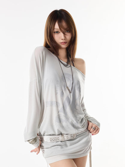 3MODE Retro Off Shoulder Asymmetric Print Knit Women&