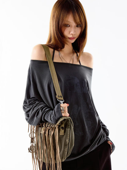 3MODE Retro Off Shoulder Asymmetric Print Knit Women&