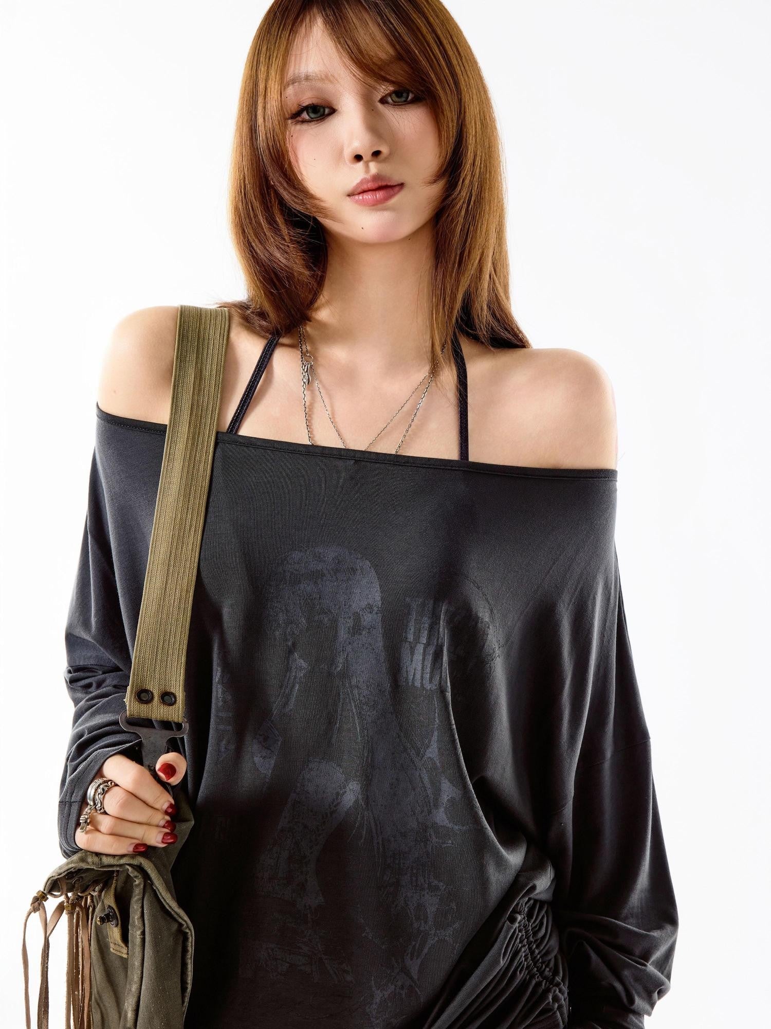 3MODE Retro Off Shoulder Asymmetric Print Knit Women&