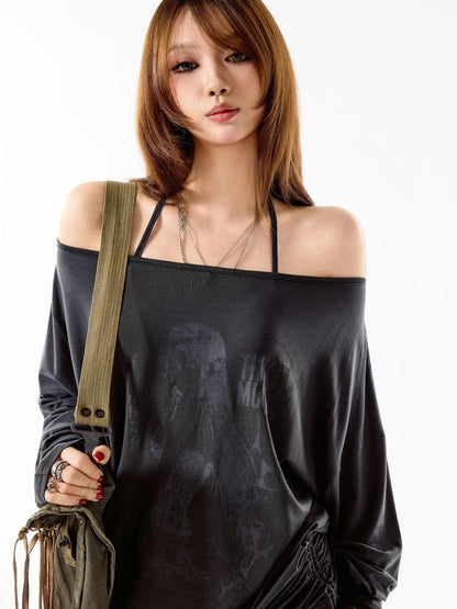 3MODE Retro Off Shoulder Asymmetric Print Knit Women&