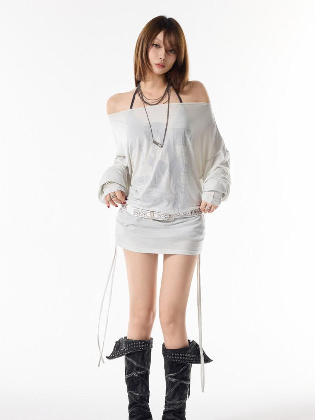 3MODE Retro Off Shoulder Asymmetric Print Knit Women&