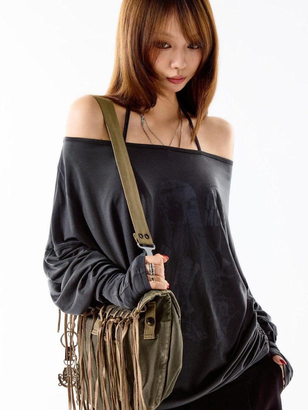 3MODE Retro Off Shoulder Asymmetric Print Knit Women&