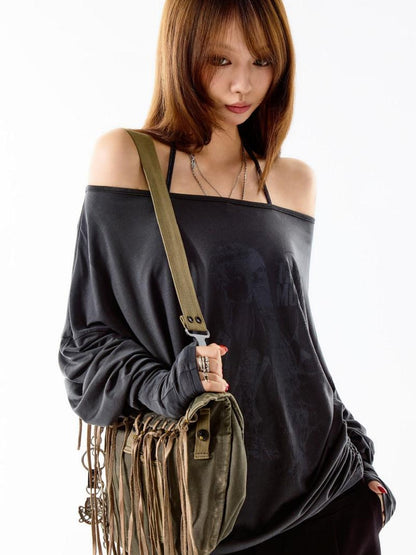 3MODE Retro Off Shoulder Asymmetric Print Knit Women&