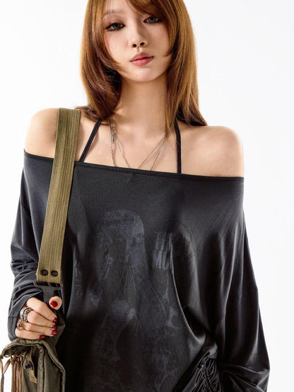 3MODE Retro Off Shoulder Asymmetric Print Knit Women&