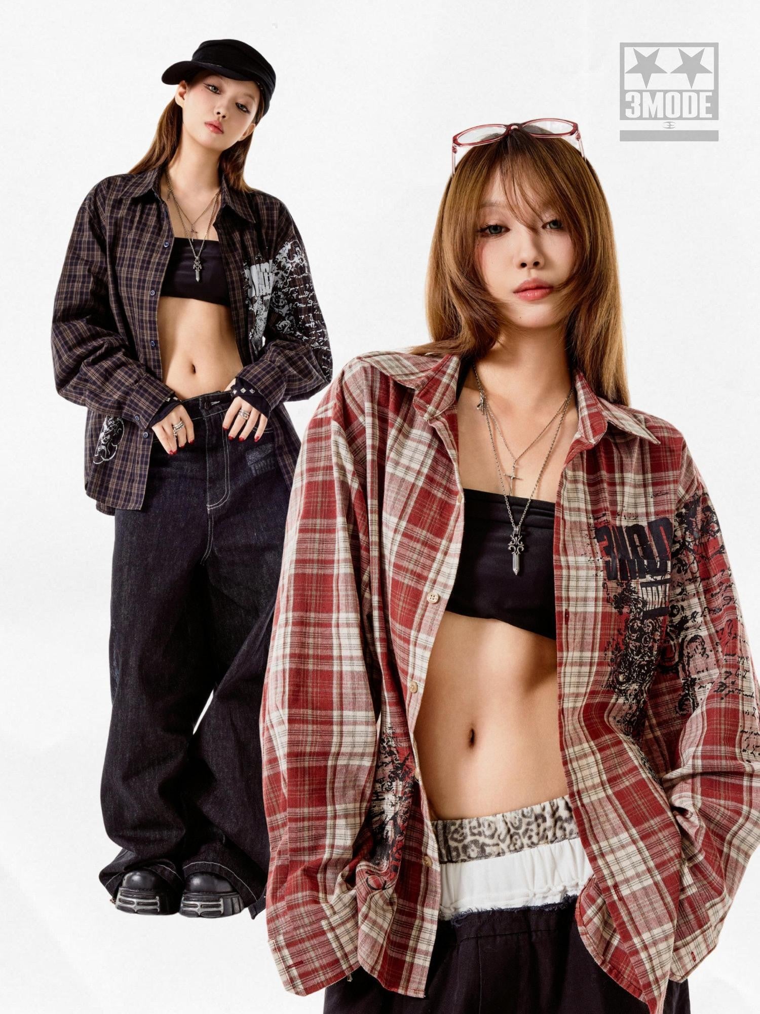 3MODE Retro Plaid Lapel Collar Long Sleeve Loose Open Front Women&