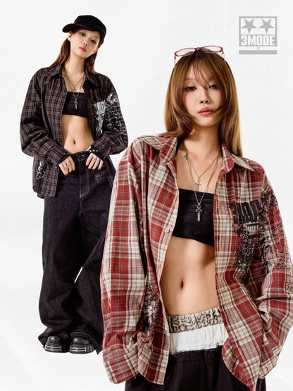 3MODE Retro Plaid Lapel Collar Long Sleeve Loose Open Front Women&