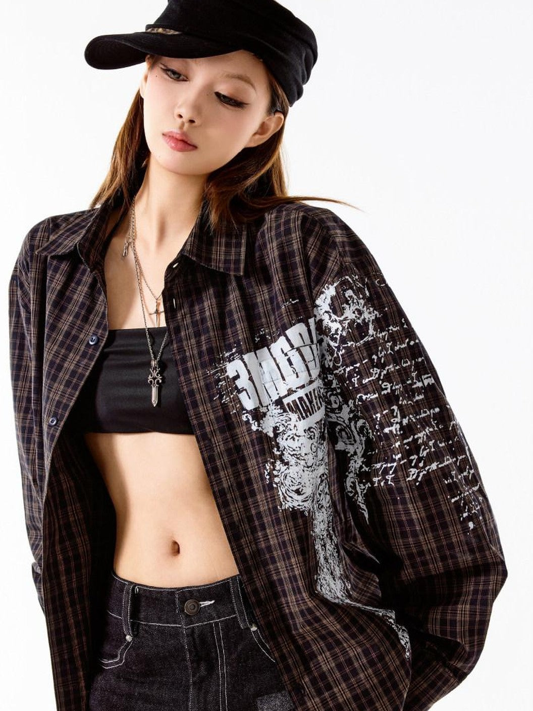 3MODE Retro Plaid Lapel Collar Long Sleeve Loose Open Front Women&