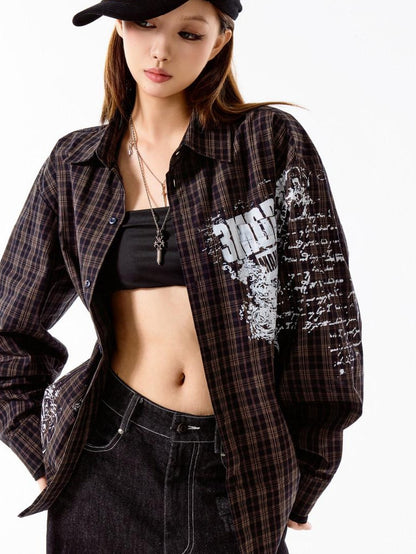 3MODE Retro Plaid Lapel Collar Long Sleeve Loose Open Front Women&