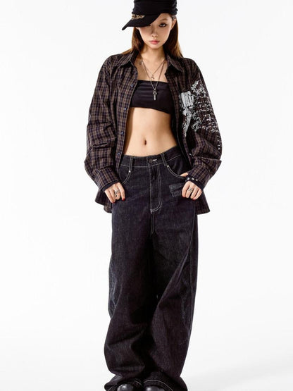 3MODE Retro Plaid Lapel Collar Long Sleeve Loose Open Front Women&