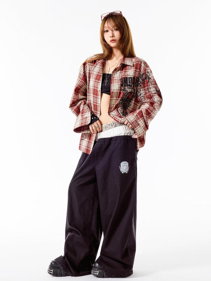 3MODE Retro Plaid Lapel Collar Long Sleeve Loose Open Front Women&