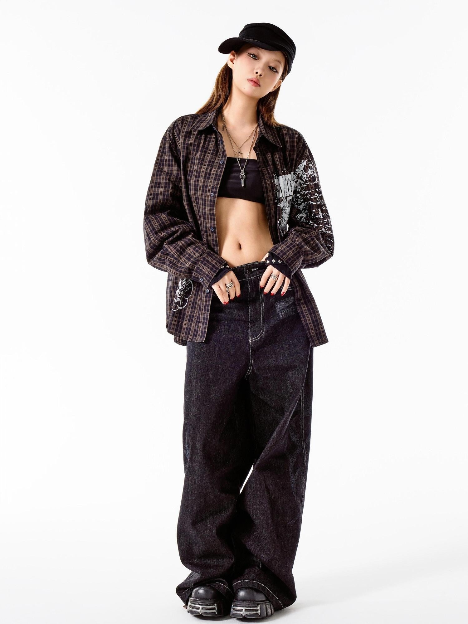 3MODE Retro Plaid Lapel Collar Long Sleeve Loose Open Front Women&