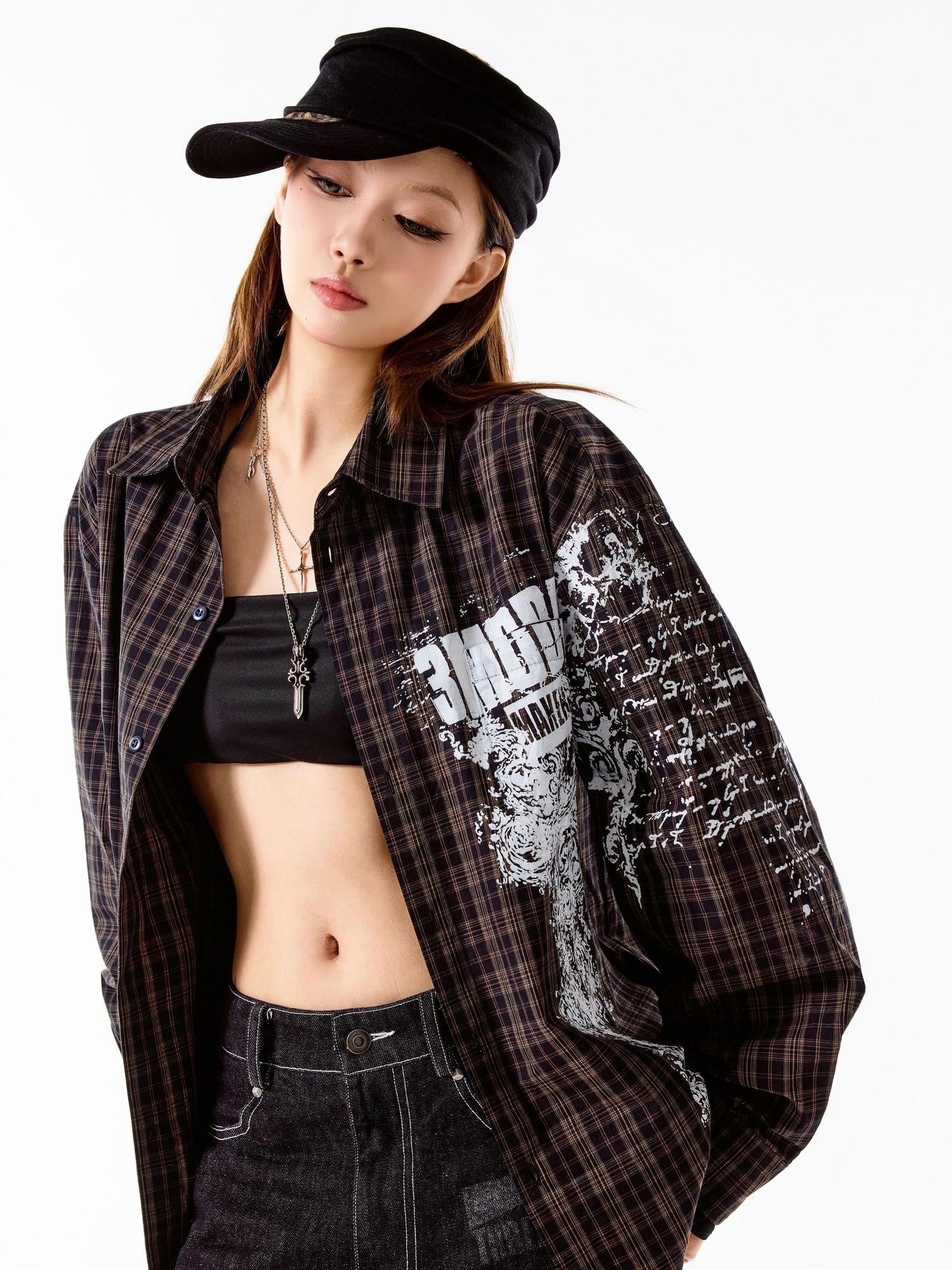 3MODE Retro Plaid Lapel Collar Long Sleeve Loose Open Front Women&