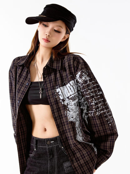 3MODE Retro Plaid Lapel Collar Long Sleeve Loose Open Front Women&