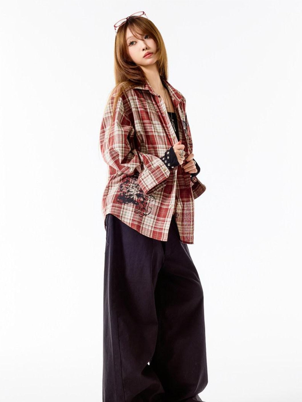 3MODE Retro Plaid Lapel Collar Long Sleeve Loose Open Front Women&