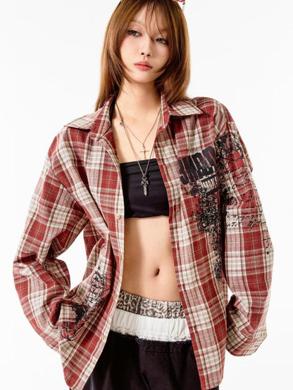 3MODE Retro Plaid Lapel Collar Long Sleeve Loose Open Front Women&