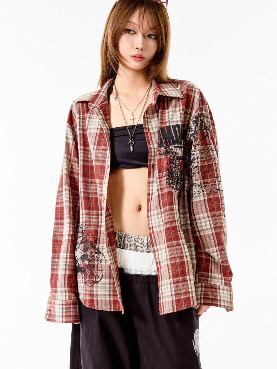 3MODE Retro Plaid Lapel Collar Long Sleeve Loose Open Front Women&