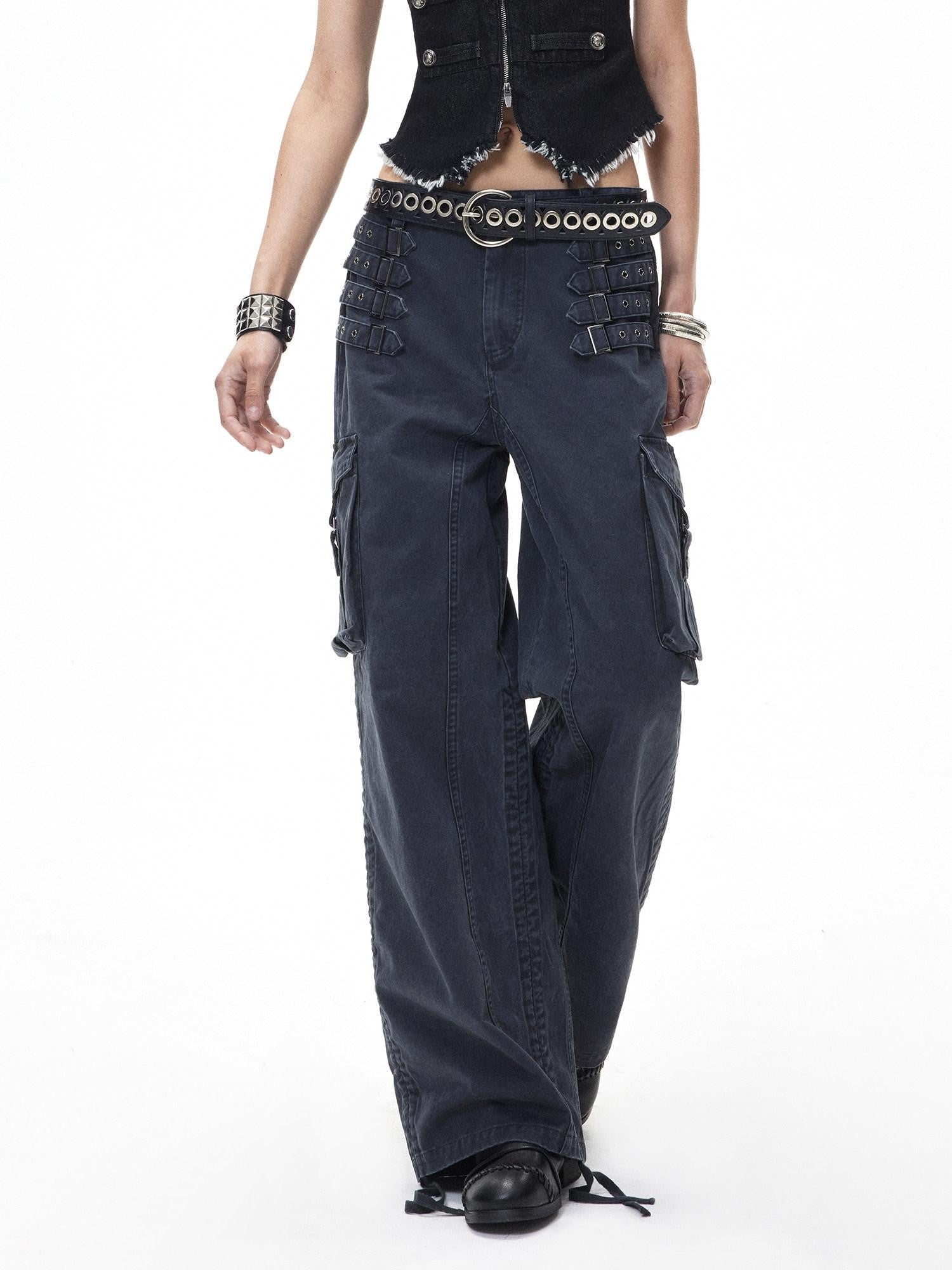 3MODE Retro Punk Drawstring Cargo Mid High Waist Women&