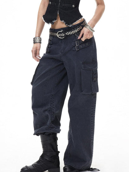 3MODE Retro Punk Drawstring Cargo Mid High Waist Women&