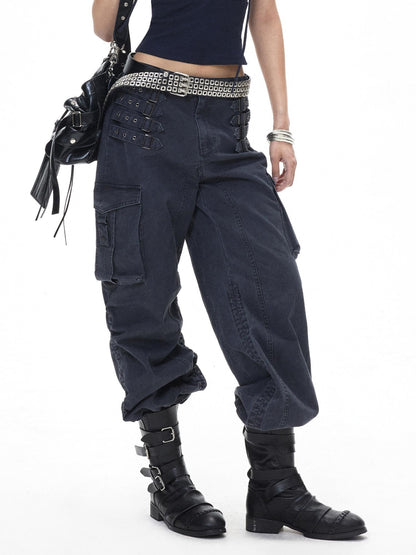 3MODE Retro Punk Drawstring Cargo Mid High Waist Women&