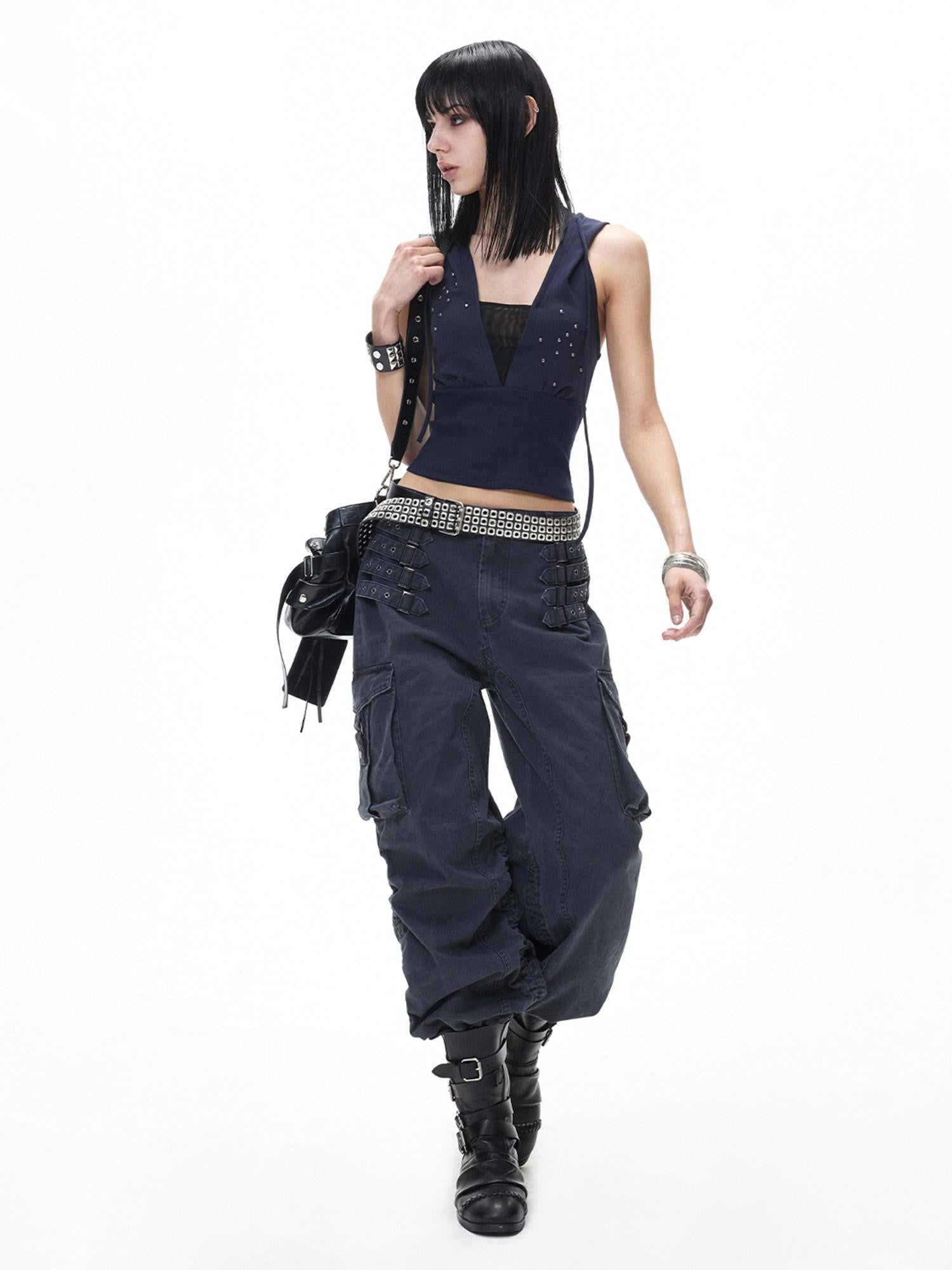 3MODE Retro Punk Drawstring Cargo Mid High Waist Women&