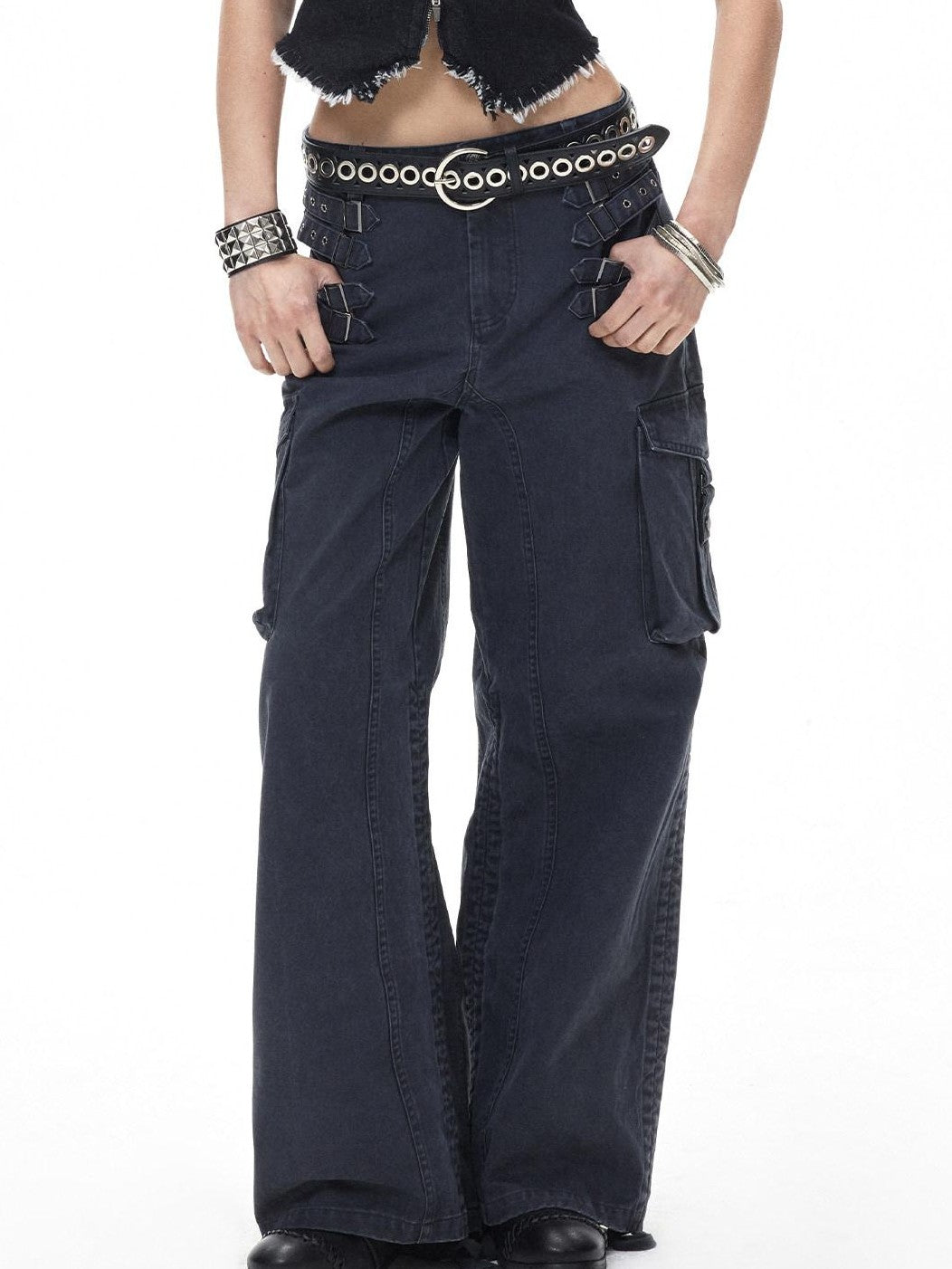 3MODE Retro Punk Drawstring Cargo Mid High Waist Women&