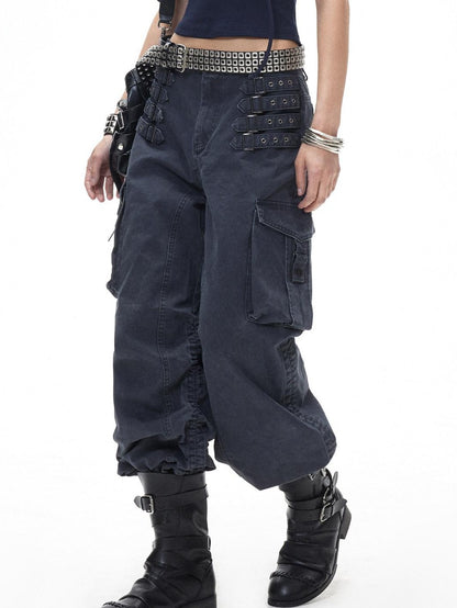 3MODE Retro Punk Drawstring Cargo Mid High Waist Women&