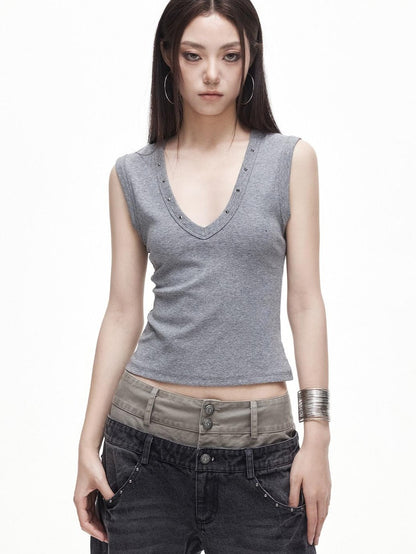 3MODE Retro Studded V-neck H Shape Slim Women&
