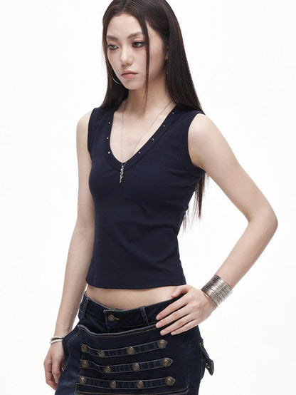 3MODE Retro Studded V-neck H Shape Slim Women&