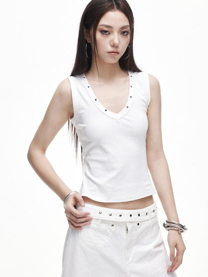 3MODE Retro Studded V-neck H Shape Slim Women&