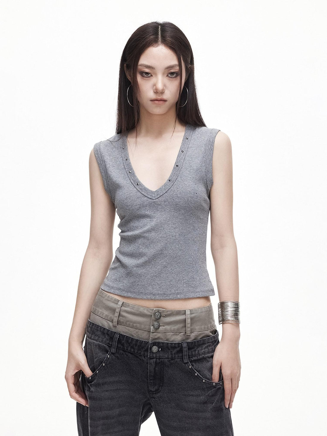 3MODE Retro Studded V-neck H Shape Slim Women&