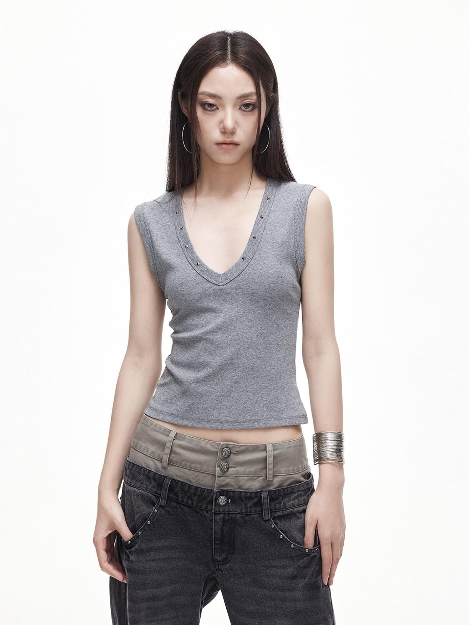 3MODE Retro Studded V-neck H Shape Slim Women&