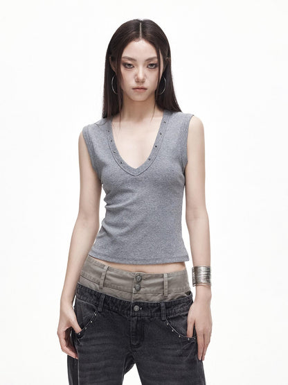 3MODE Retro Studded V-neck H Shape Slim Women&