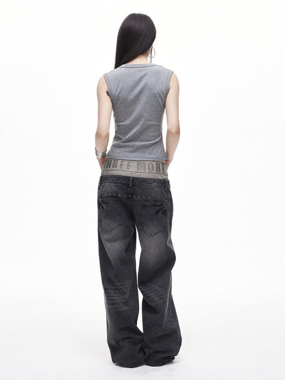 3MODE Retro Studded V-neck H Shape Slim Women&